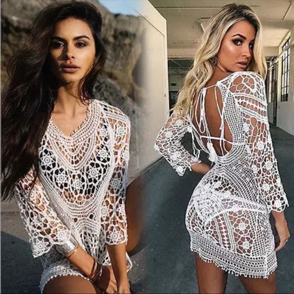 CROCHET SWIM COVERUP BOHO LACE DRESS OPEN BACK - Picture 9 of 9